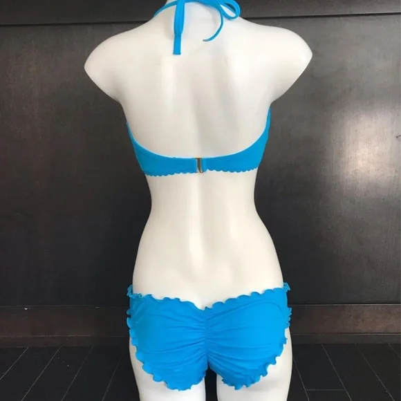 SunDazed 34 DD Bra cup solid turquoise blue underwire top set shirred ruffled - Picture 4 of 11